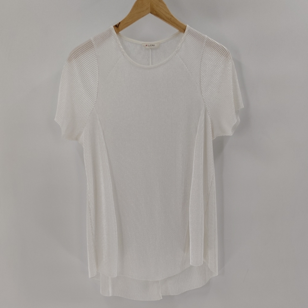 I Joah Blouse Large White Shiny Ribbed Raw Hem Flowy Short Sleeve